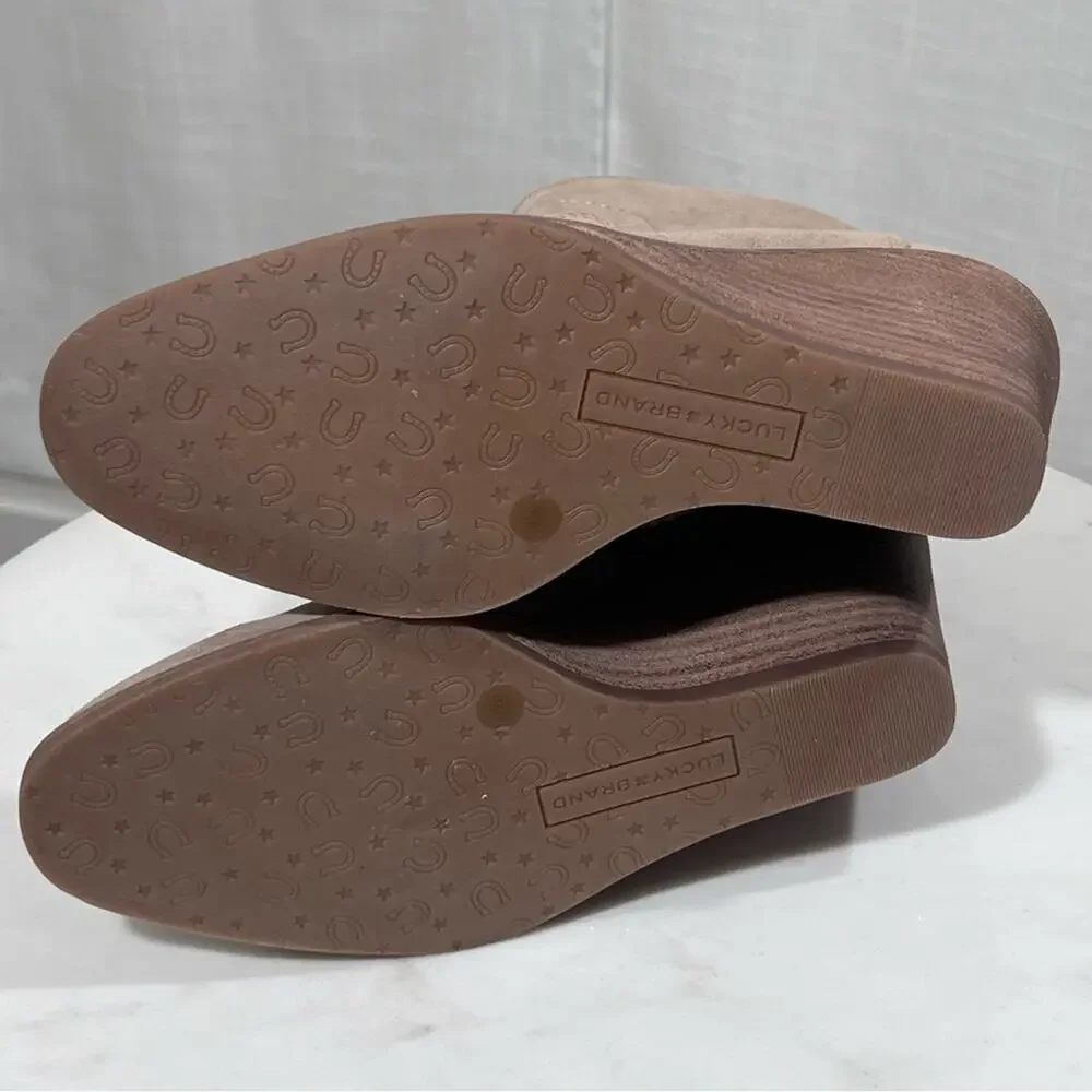Lucky Brand NEW Waltz Suede Wedge Tan Taupe Ankle Bootie Boots Size 7.5
